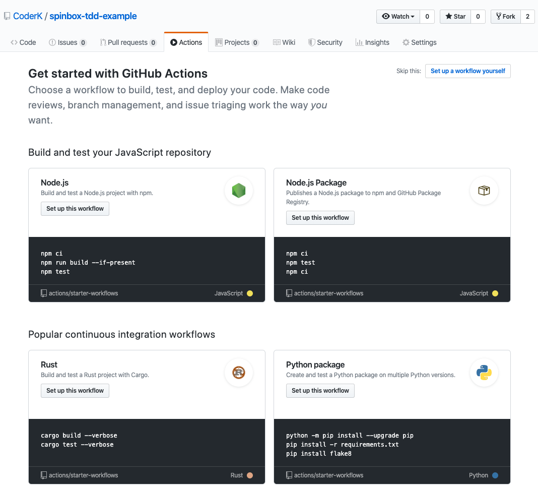 GitHub가 제시하는 추천 Workflow가 보이는 이미지. Node.js, Node.js Package, Rust, Python package 등.